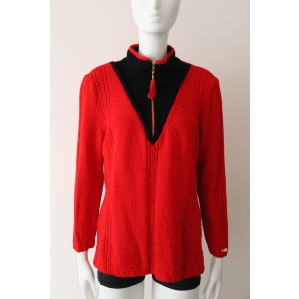 St. John Sport 1/4 Zip Knit Sweater Size Large Red Black Vintage